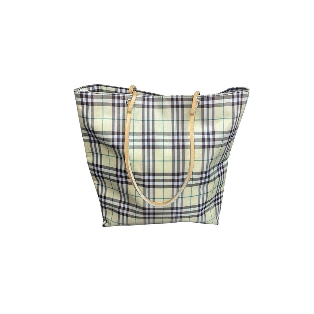 Vintage Burberry London Tote Bag Nylon Leather Cream Yellow Brown Plaid - Picture 2 of 9